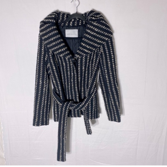 Zara Basic Black Cream Striped Textured Knit Bubble Collar Belted Jacket M - Picture 16 of 16